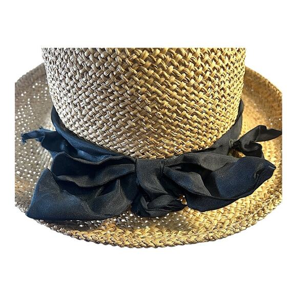 Tan Straw Sun Hat VINTAGE 90s with Wide Brim and a Black French Ribbon Accent - Picture 6 of 12